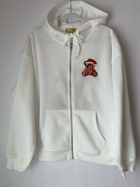 NWT Cult Favorite White Zip-Up Hoodie with Teddy Patch Size L